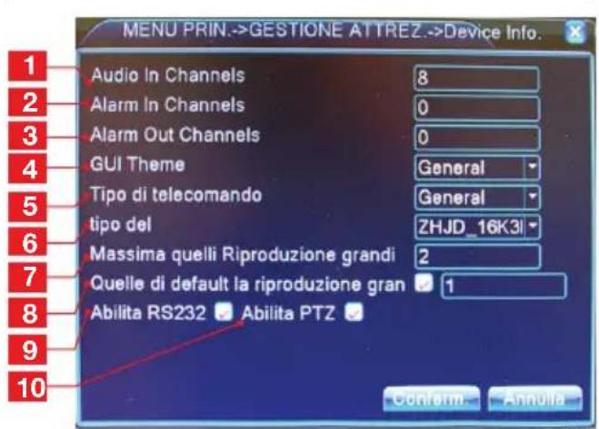 MENU PRIN.->GESTIONE ATTREZ.->Device Info. 1 Audio In Channels 8 2 Alarm In Channels 0 3 Alarm Out Channels 0 4 GUI Theme General 5 Tipo di telecomando General 6 tipo del ZHJD_16K3I 7 Massima quelli Riproduzione grandi 2 8 Queile di default la riproduzione gran 1 9 Abilita RS232 Abilita PTZ 10 Confirm. Annolla