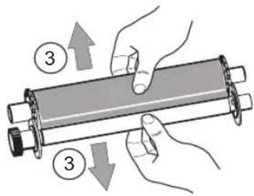 Diagram showing hands holding a cylindrical object with numbered arrows indicating movement or force direction, labeled '3' at top and bottom.