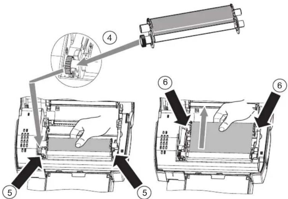 Technical diagram showing a mechanical assembly with numbered components and directional arrows indicating process steps.