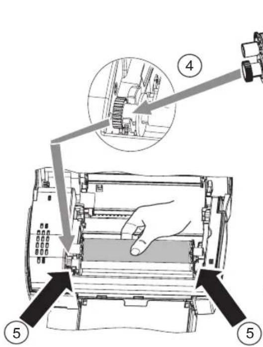Diagram showing a hand pressing down on a mechanical component with numbered annotations (4 and 5) indicating steps of assembly or repair.