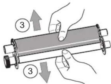 Diagram showing hands holding a cylindrical object with numbered arrows indicating movement or force direction, labeled '3' at top and bottom.