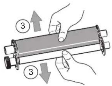 Diagram showing hands holding a cylindrical object with numbered arrows indicating movement or force direction, labeled with circled numbers ③.