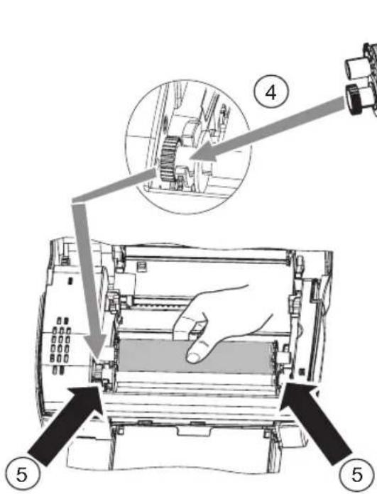 Technical diagram showing a hand pressing down on a mechanical component with numbered annotations (4, 5) indicating steps of assembly or inspection.