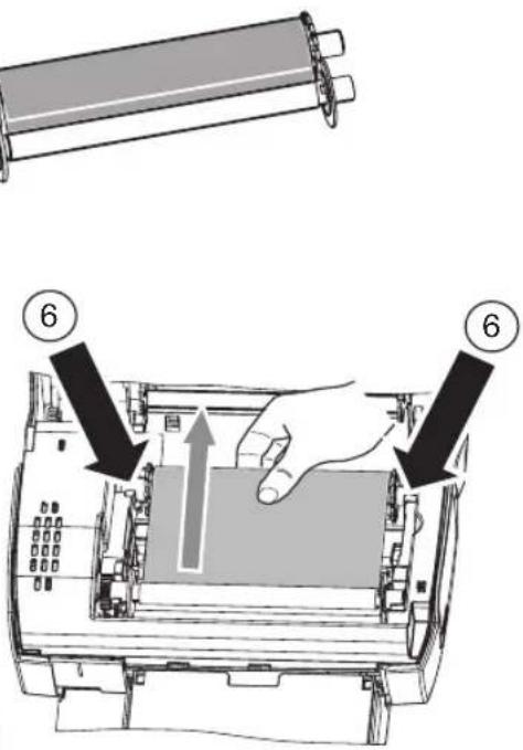 Diagram showing a hand pressing down on a device with numbered callouts indicating step 6