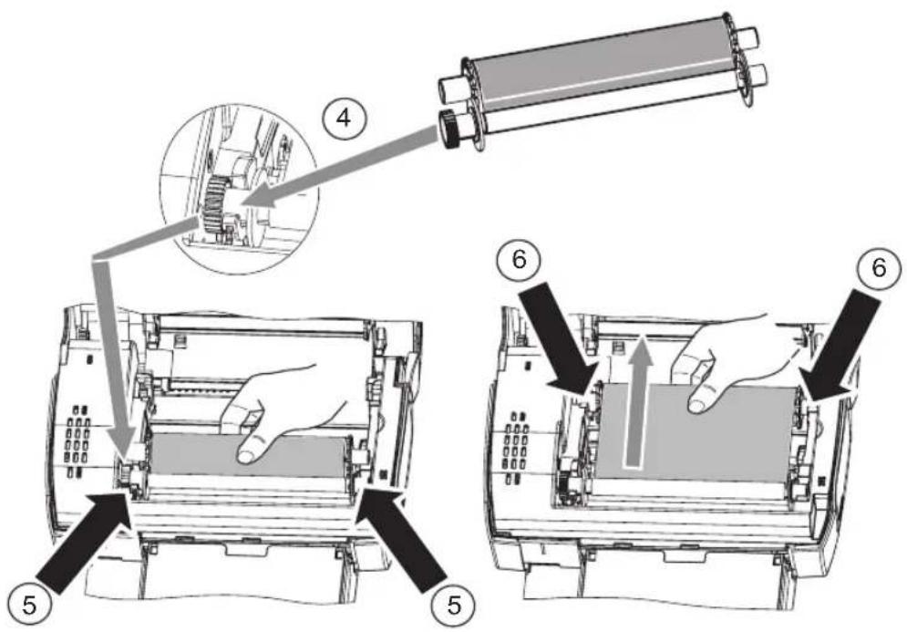 Technical diagram showing a mechanical assembly with numbered components and directional arrows indicating process steps.