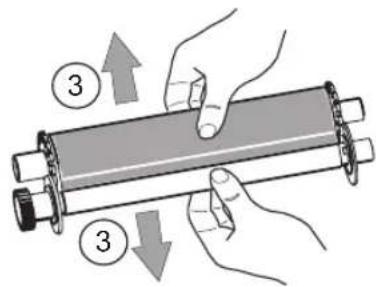 Diagram showing hands holding a cylindrical object with numbered arrows indicating movement or force direction, labeled '3' at top and bottom.