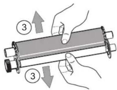 Diagram showing hands holding a cylindrical object with numbered arrows indicating movement or force direction, labeled with circled numbers ③.