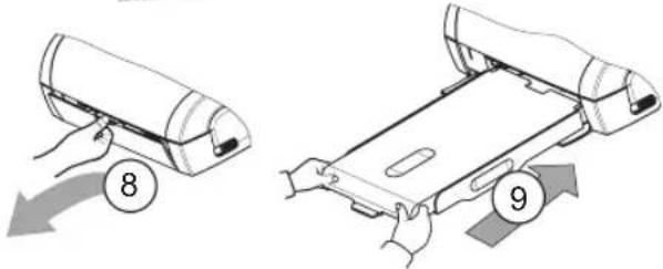 Diagram showing two steps of a device being opened, labeled with numbers 8 and 9, indicating process flow.