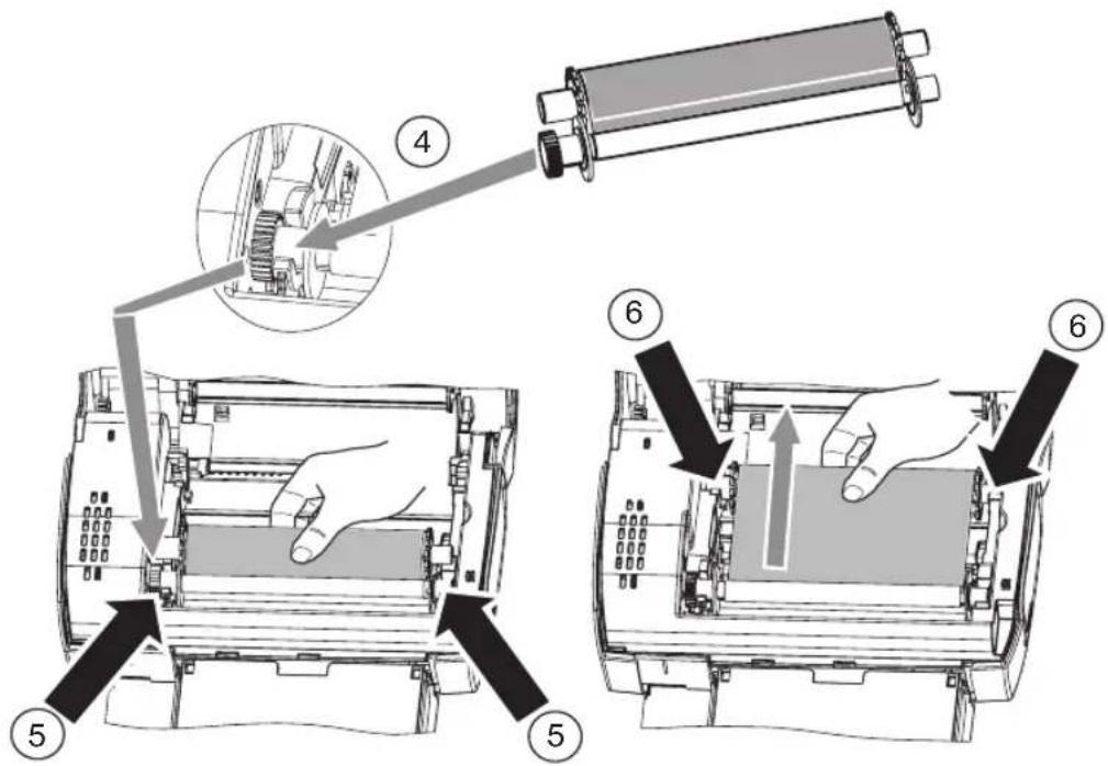 Technical diagram showing mechanical assembly steps with numbered components and a magnified inset of a device interior.
