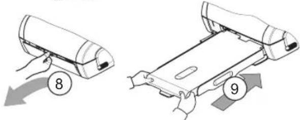 Diagram showing two mechanical device states labeled 8 and 9, with arrows indicating motion direction.