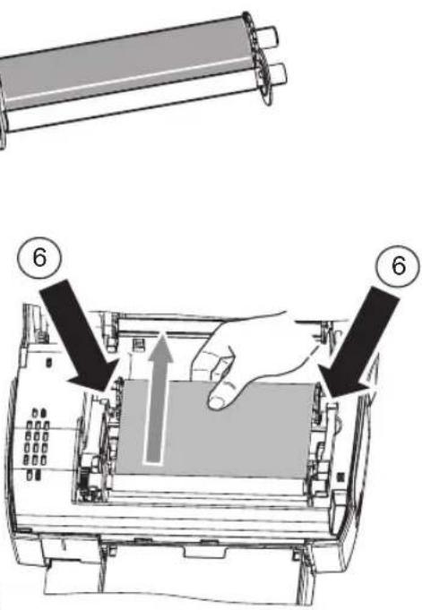 Diagram showing a hand pressing down on a device component with numbered callouts indicating steps 6