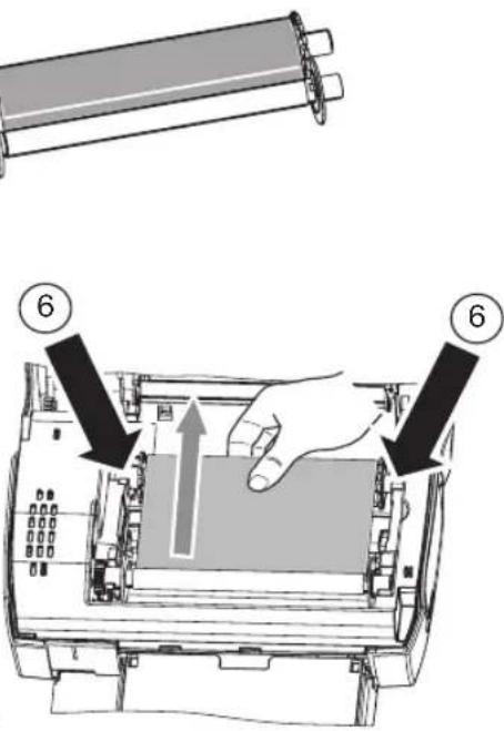 Diagram showing a hand pressing down on a device with numbered annotations (6) indicating process steps.