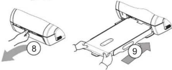 Diagram showing two steps of a device handling a tray, labeled with numbers 8 and 9, indicating step 8 is being removed or replaced.