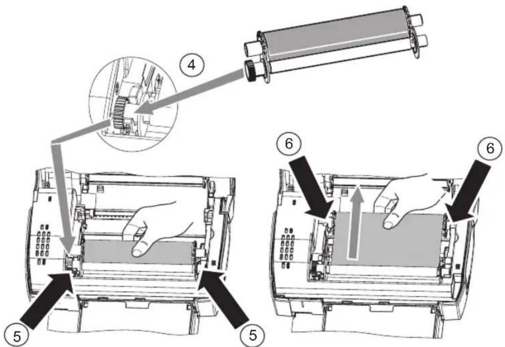 Technical diagram showing mechanical assembly steps with numbered components and a magnified inset of a machine component.