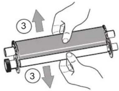 Diagram showing hands holding a cylindrical object with numbered arrows indicating movement or change, labeled with circled numbers ③.