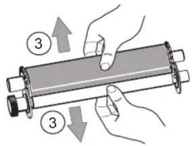 Diagram showing hands holding a cylindrical object with numbered arrows indicating movement or force direction, labeled '3' at top and bottom.