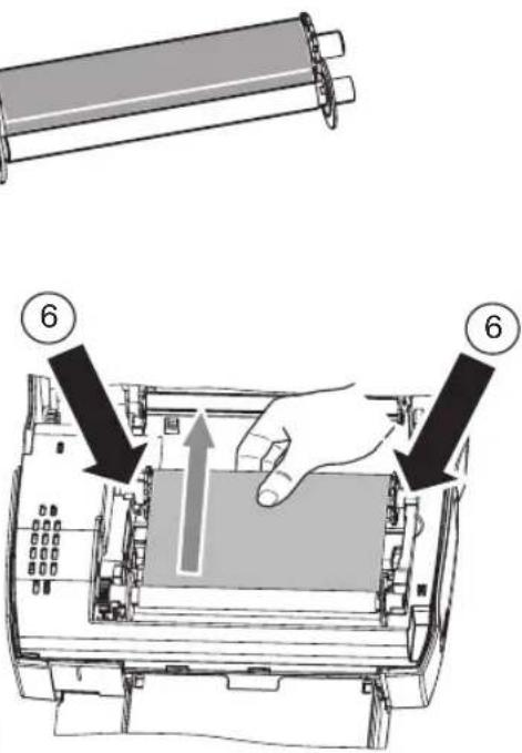 Diagram showing a hand pressing down on a device component with numbered callouts indicating steps 6