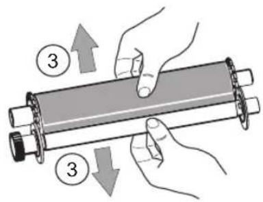 Diagram showing hands holding a cylindrical object with numbered arrows indicating motion or force direction, labeled '3'