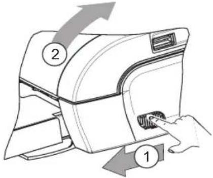 Diagram showing a hand pressing a button on a device with labeled parts 1 and 2, indicating a process or operation.