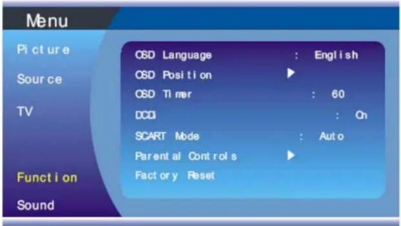 Menu Picture Source TV Function Sound OSD Language : English OSD Position OSD Timer : 60 DCO : On SCART Mode : Auto Parental Controls Fact or y Reset