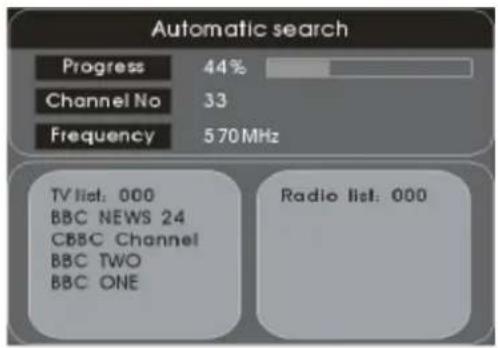 Automatic search Progress 44% Channel No 33 Frequency 570MHz TV list: 000 BBC NEWS 24 CBBC Channel BBC TWO BBC ONE Radio list: 000