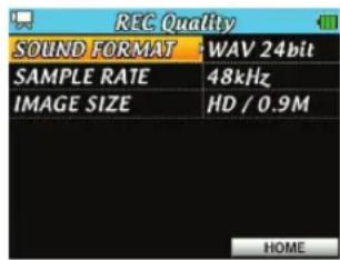 TASCAM DRV1HD - Réglage du format d'enregistrement, de la fréquence d'échantillonnage du fichier audio et de la résolution d'image video - 1