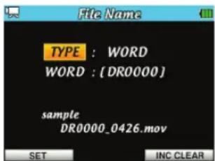 TASCAM DRV1HD - Réglage du format des noms de fichier - 1