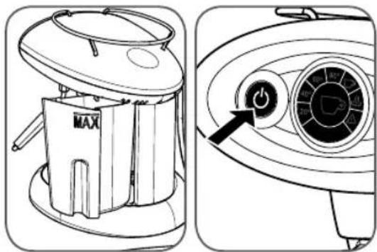 Technical diagram showing a device with MAX label and its circular control dial, alongside its directional arrow indicating power input.