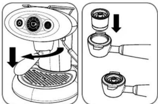 Diagram showing a coffee machine with labeled parts and directional arrows indicating process steps