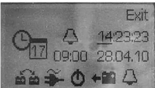 Fendt Opal - Menu configuration de l'heure, de l'heure de réveil et de la date (éclairé) - 1