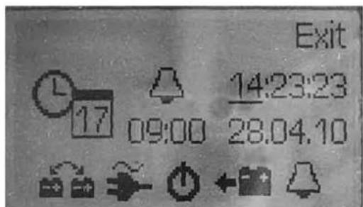 Fendt Brillant - Menu Configuration de l'heure, de l'heure de réveil et de la date (éclairé ; exploitation avec et sans capteur de batterie) - 1