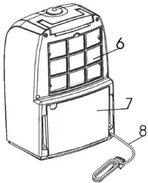 Technical diagram of an air conditioner unit with labeled parts 6, 7, and 8