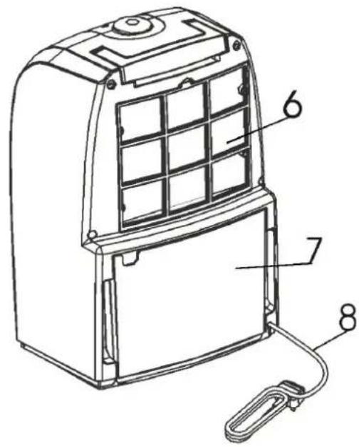 Technical diagram of an air purifier with labeled components including a handle and internal compartments