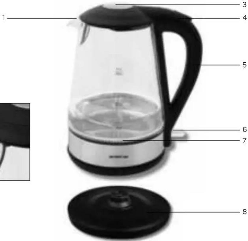 Labeled diagram of a glass coffee maker with numbered parts for identification