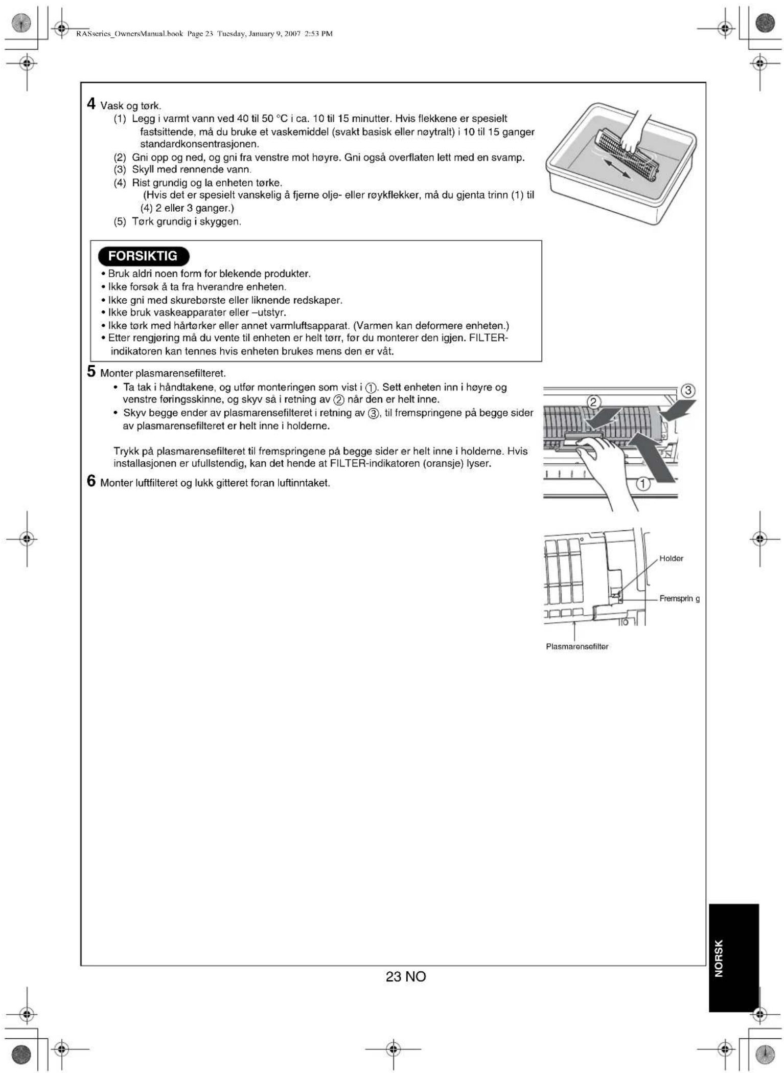 TOSHIBA RAS12SKVPND - Kontroll etter rengjoring av plasmarensefilteret - 2