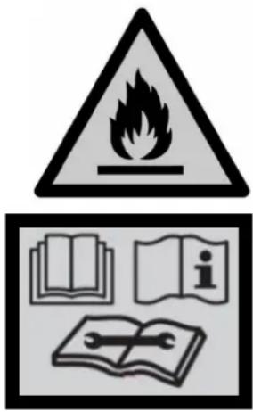Warning symbol image showing a flame, open book, open book with 'i', and open wrench icon