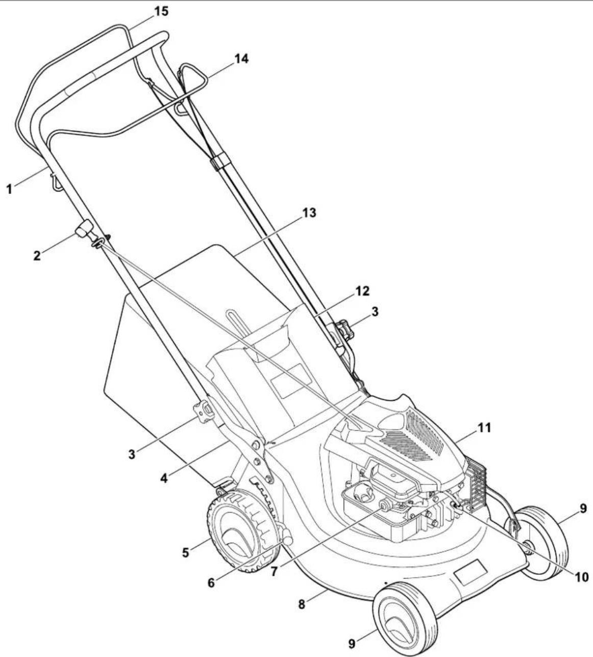 Technical diagram of a lawn mower with numbered parts for identification
