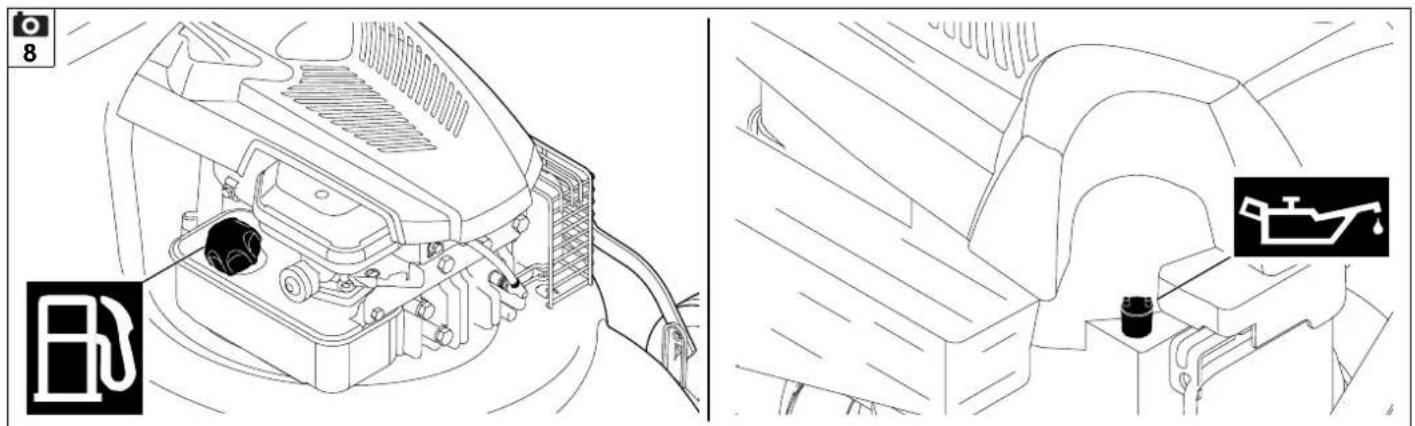 Technical diagram showing engine compartment and vehicle interior with labeled components and a warning symbol