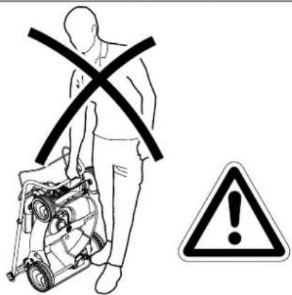 Safety warning illustration showing a person using a vehicle with a cross symbol and a warning triangle with an exclamation mark.