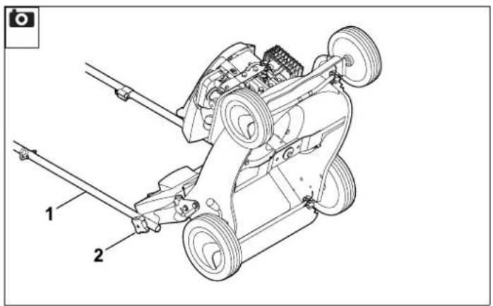 Technical diagram of a lawn mower assembly with labeled parts 1 and 2