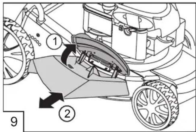 Technical diagram of a lawn mower system with labeled components and directional arrows indicating motion or movement.