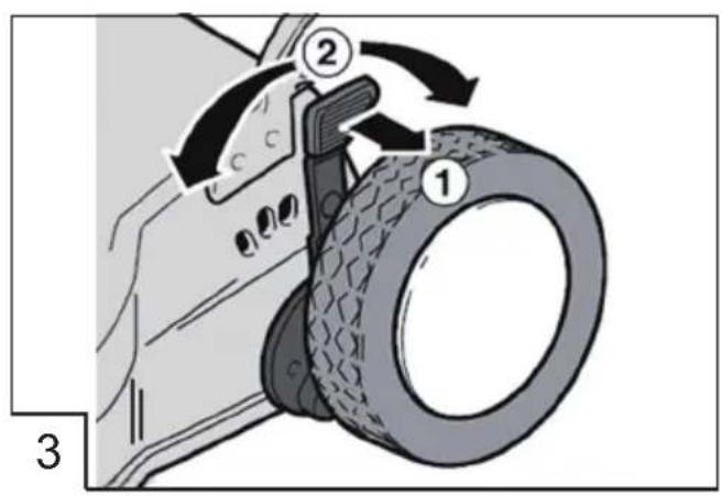 Diagram showing a car tire being inserted into a car, with numbered parts and directional arrows indicating motion.