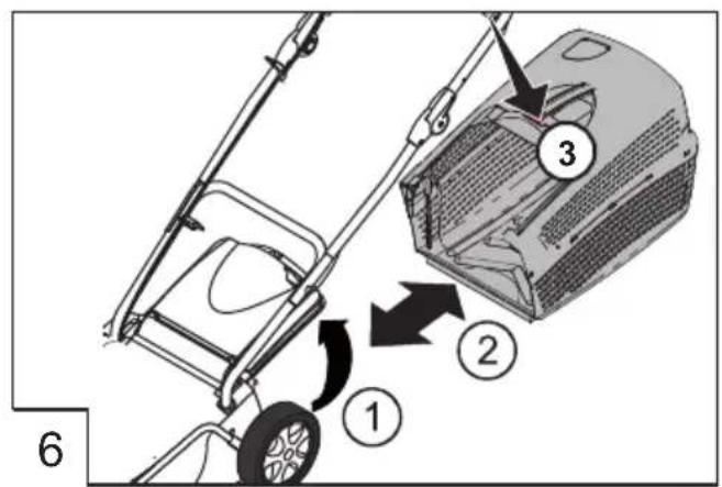 Diagram of a lawn mower with labeled parts and directional arrows indicating motion or movement.