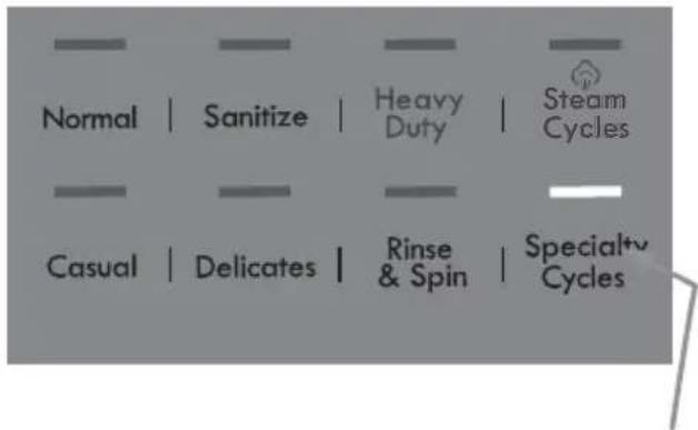 Normal | Sanitize | Heavy Duty | Steam Cycles Casual | Delicates | Rinse & Spin | Specialty Cycles