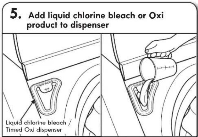 5. Add liquid chlorine bleach or Oxi product to dispenser Liquid chlorine bleach / Timed Oxi dispenser