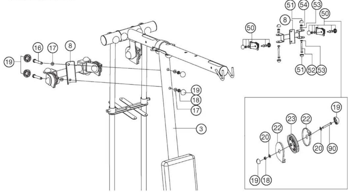 Christopeit SP 10 - Etape 4 : Installation du Support de poulie (8) et La cale de poulie (50). - 1
