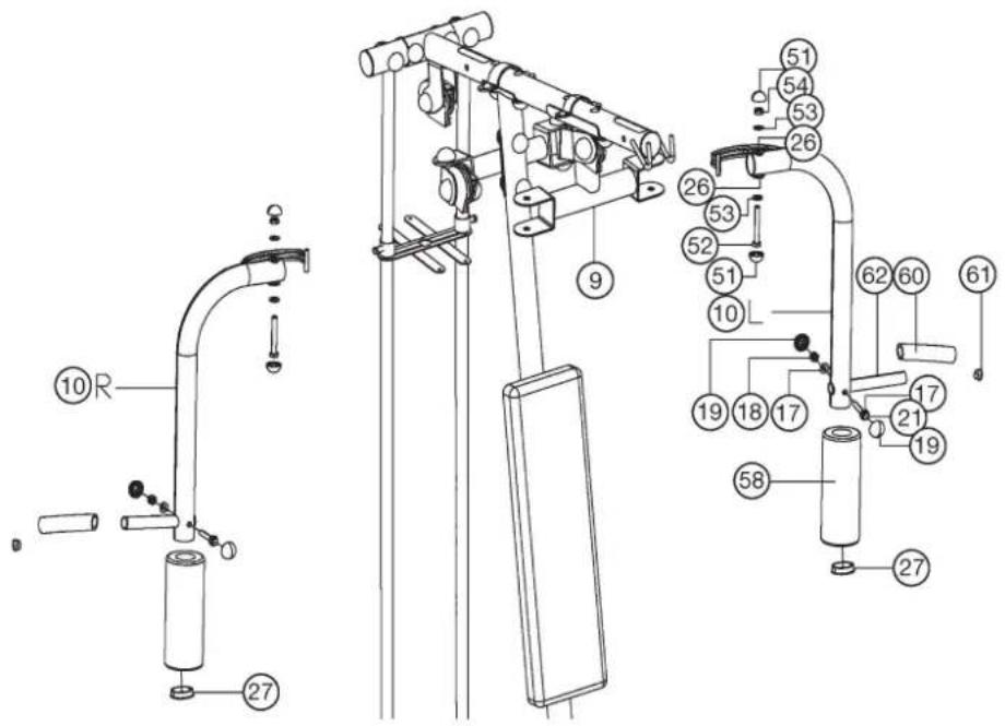 Christopeit SP 10 - Installation of butterfly arm holder (9) and butter fly arms (10L+10R). - 2