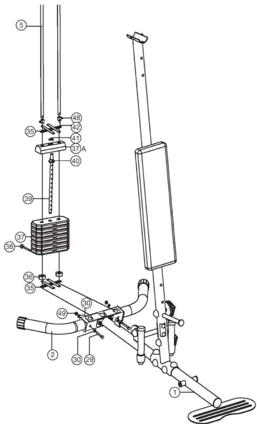 Christopeit SP 10 - Installation of weight plates (37+40) and guide bars (5). - 1
