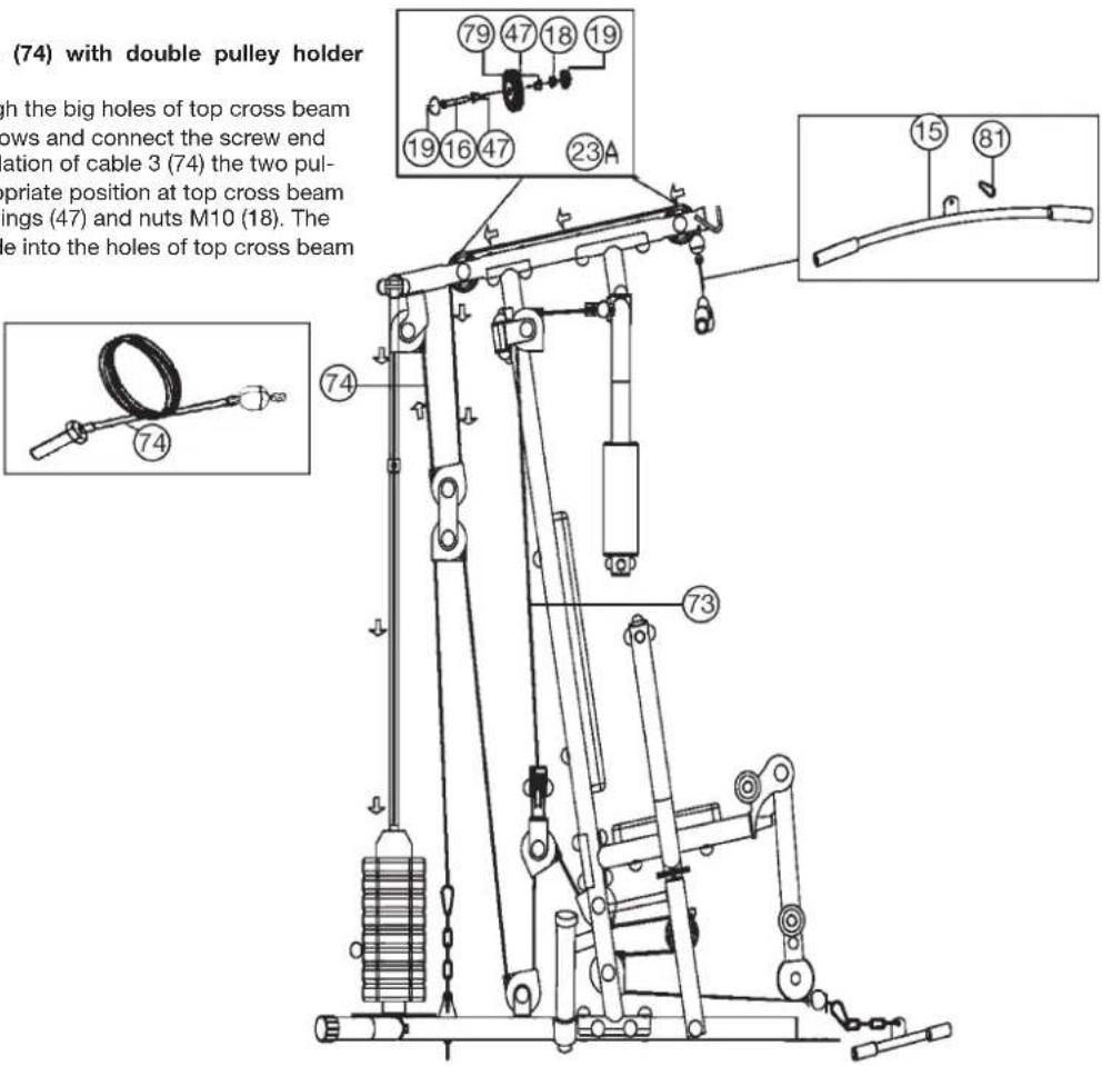 Christopeit SP 10 - Step 11: Installation of cable 3 for latissimus (74) with double pulley holder (55). - 1