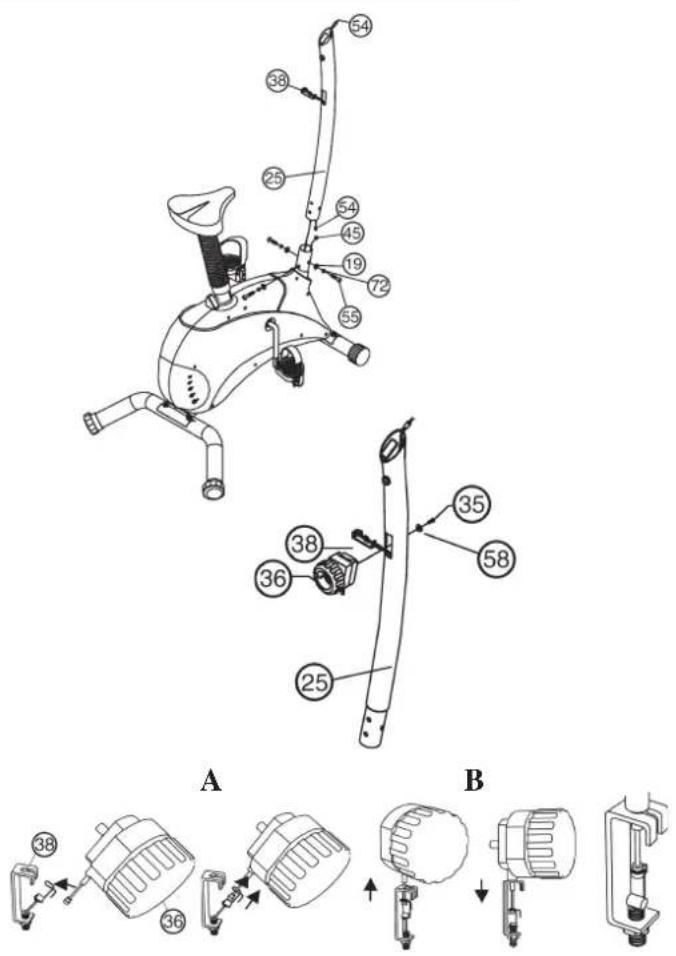 Christopeit CPS 2 - Schnitt 5: Verbindung des Computerkabelstrang incl. Sensor (45) mit dem Computerkabelstrang (54), Verbindung des Seilzug der Widerstandseinstellung (38) mit der Widerstandseinstell-Einheit (36) und Montage des Lenkerstutzrohr (25) am Grundrahmen (1) mittels der Rundkopfschrauben mit Innensechskant M8x15 (55), der Unterlegscheiben 8//20 (19) und der Federringe für M8 (72). - 1